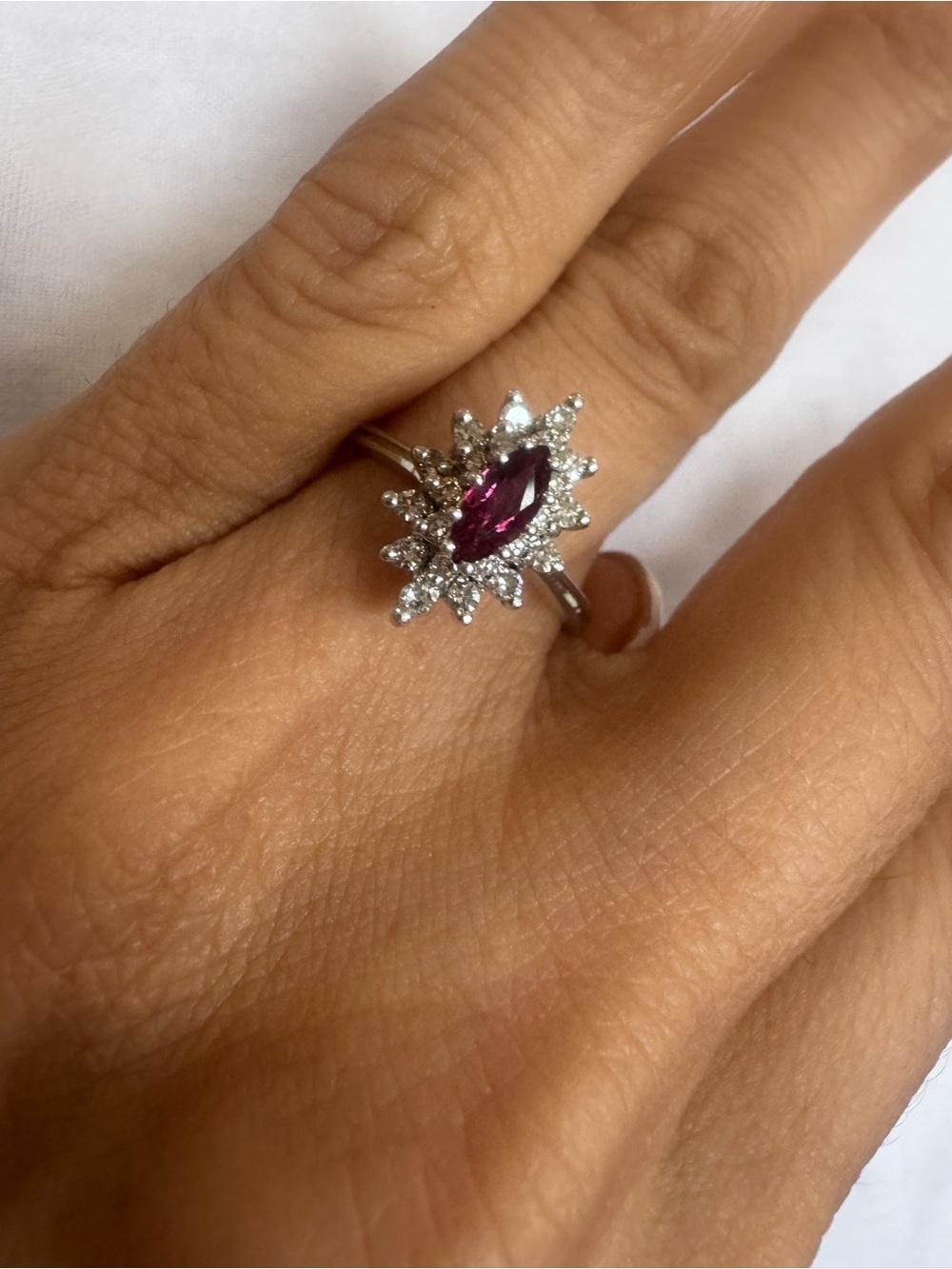 14K White Gold Natural Ruby & Diamond Ring Marquise Ruby Vintage Style Size 6